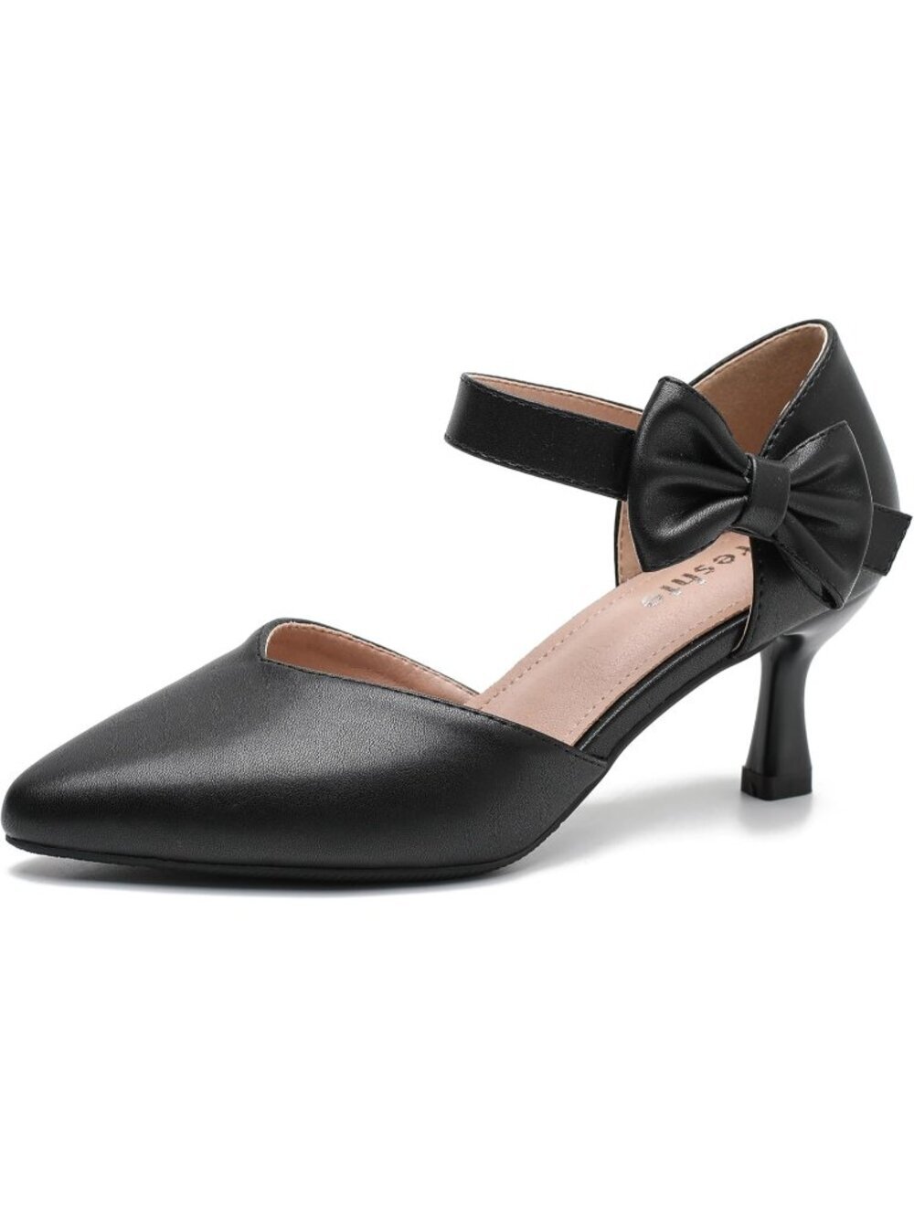 Women's Black Matte Heel Matte Pointed Toe Bow Ankle Strap Synthetic Shoes